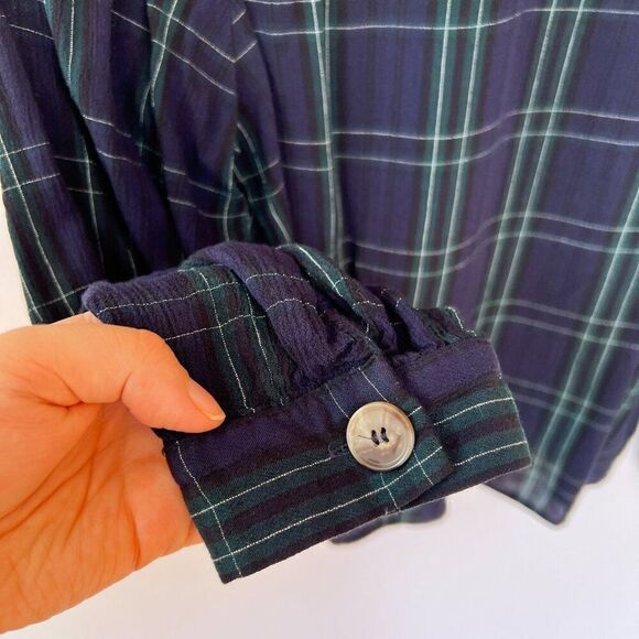 Zara Navy Blue Green Plaid Long Sleeve Top Small - Picture 8 of 8